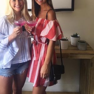 Reformation Red & White Stripe Strapless Ruffle Dress